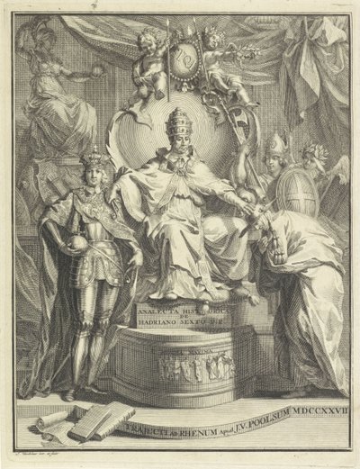 Tronet av pave Adrian VI Tittelside for: Burmann, Kasper Hadrianus VI eller den historiske anacletaen til Hadrianus den sjette romerske paven, 1727 av Jan Wandelaar