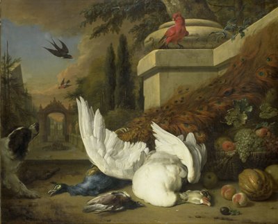 En hund med en død gås og påfugl (en studie av vilt og frukt) av Jan Baptist Weenix