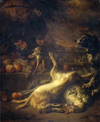 En ape og en hund med dødt vilt og frukt av Jan Baptist Weenix