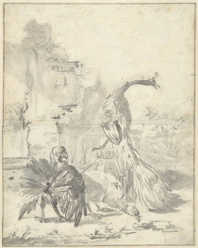 Hoenderhof med en påfugl og to kalkuner av Jan Baptist Weenix