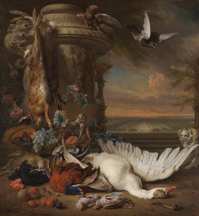 Jakt og fruktstilleben ved siden av en hagevase, med en ape, hund og to duer, i det fjerne Rijksdorp nær Wassenaar, sete til Jacob Emmery, baron av Wassenaar av Jan Baptist Weenix