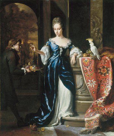 Portrett av Lodewina Schey i en blå kjole, med en ledsager som bærer blomster av Jan Baptist Weenix