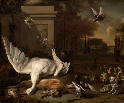 Stilleben med svane og vilt før et landsted av Jan Baptist Weenix
