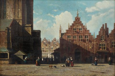 En solbelyst utsikt over Grote Markt med St. Bavo-kirken og Vleeshal, Haarlem (olje på panel) av Jan Weissenbruch