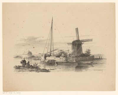 Utsikt over kanalen med torvflåte og seilbåt av Jan Weissenbruch