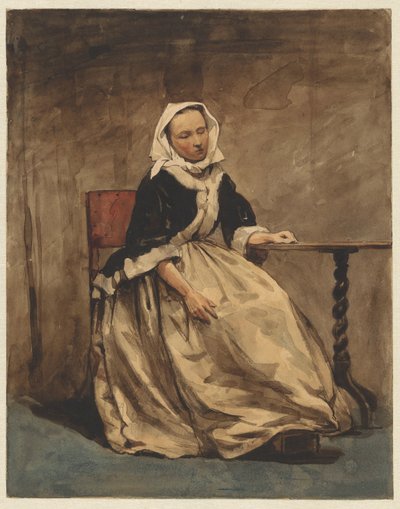 Kvinne sitter ved siden av et lite bord av Jan Weissenbruch