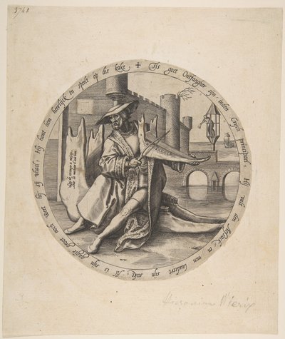 Den rike mannen spiller fiolin på et kjevebein, ca. 1568. av Jan Wierix