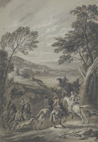 En Staghunt (brun vask med gouache i papir) av Jan Wyck