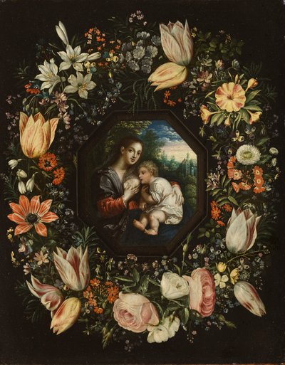 Madonna og barn i en krans av blomster, ca. 1625 (olje på kobber) av Jan and Balen, Hendrik van Brueghel