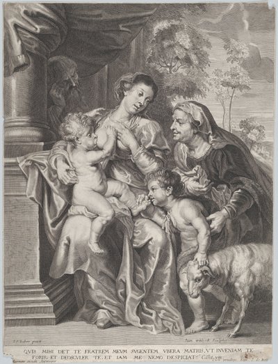 Den hellige familie med Elizabeth og spedbarnet St. Johannes døperen, jomfruen som ammer spedbarnet Kristus, ca. 1635-42 av Jan Witdoek