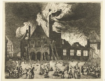 Det gamle rådhuset i Amsterdam står i brann av Jan de Baen