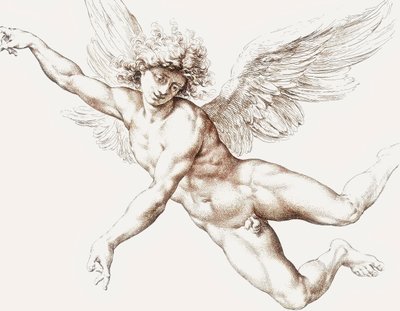 Naken mannlig flygende engel. av Jan de Bisschop