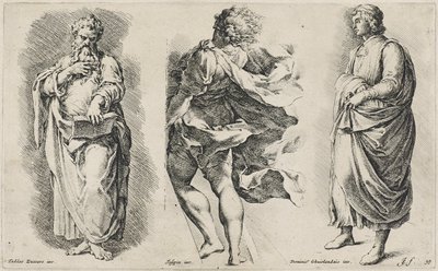 Tre figurer uten tittel etter tre italienske kunstnere (radering på lagt papir med vannmerke til våpenskjold) av Jan de Bisschop