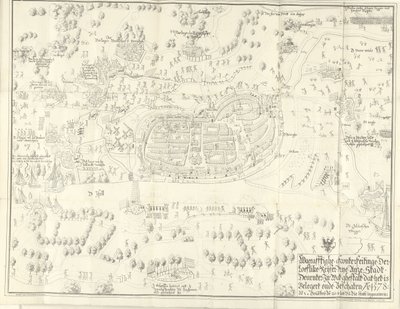 Beleiring og fangst av Deventer, 1578 Waerafftighe afconterfeitinge der loeflike Keyser gratis Anze Stadt Deventer I hvilket ghestalt at det er Belgert onde Beschaten Ao. 1578 (tittel på objekt) av Jan de Lange (II) (signed by artist)