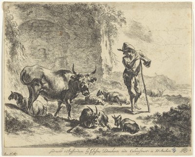Hyrde hviler på staven ved en ruin Landskap med hyrder og storfe (serietittel) av Jan de Visscher