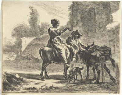Hyrder og esler ved et drikketrau Landskap med hyrder og storfe (serietittel) av Jan de Visscher