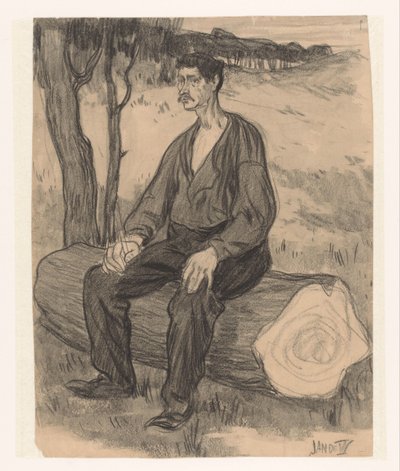Mann sitter på trestammen av Jan de Waardt (signed by artist)
