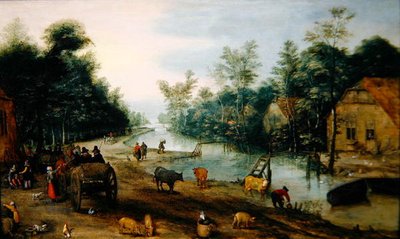 Et skogkledd elvelandskap om sommeren med reisende som ankommer et vertshus (olje på panel) av Jan the Elder (circle of) Brueghel