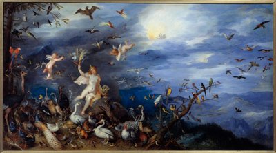 Allegory of the Air Ung naken kvinne omgitt av alle fuglearter. Maleri av Jan Brueghel Le Vieux kaller Brueghel de Velours (Brueghel eller Brueghel av Jan the Elder Brueghel