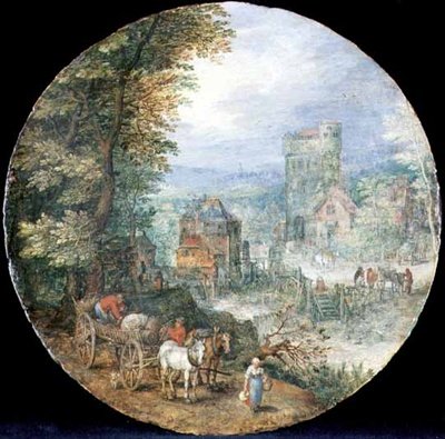 Et omfattende skogkledd landskap med by, mølle og bønder av Jan the Elder Brueghel