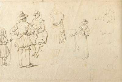 Fem figurer sett bakfra, og en annen figur av Jan the Elder Brueghel