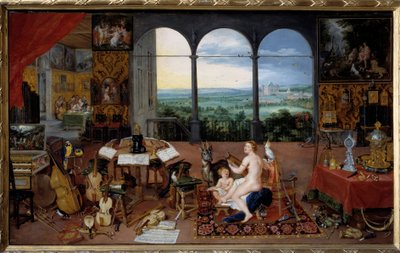 Hørsel. Allegori over de fem sansene Maleri av Jan I Brueghel Dit De Velours (1568-1625) Ec. Flam av Jan the Elder Brueghel