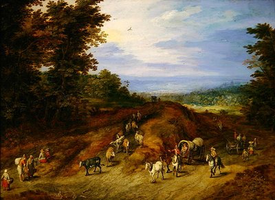 Landskap med bønder, vogner og dyr (olje på kobber) av Jan the Elder Brueghel