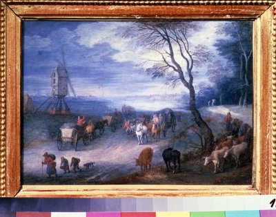 ""Paysage au moulin"" (Landskap med en vindmølle) Maleri av Jan Brueghel I (Jean Breughel, Bruegel eller Breugel) kjent som De Velours (l