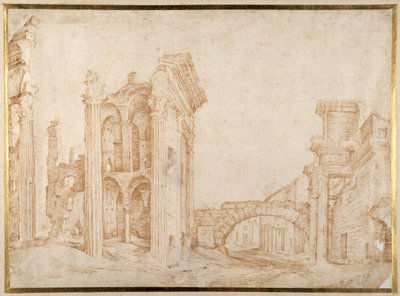 Ruinene av det gamle Forum i Nerva, Roma ('Forum Transiterius') i det fjerne fra Campanile SS. Quirico og Giuletta (penn og blekk på papir) av Jan the Elder Brueghel