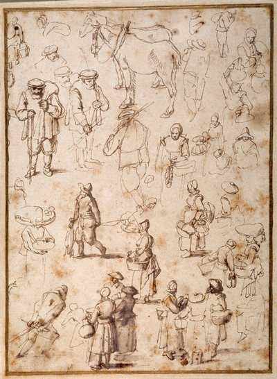 Studier av bønder fra livet (penn og blekk med vask på papir) av Jan the Elder Brueghel
