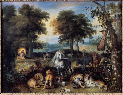 Jordens paradis Forskjellige dyr som bor sammen i Edens hage, nederst til venstre skaper Gud Eva fra en side av Adam. Maleri av Jan Bruegel (eller Breugel eller Brueghel eller Breughel) den tidligere kjent som Bruegel de Velours (1568-1625) 17. århundre av Jan the Elder Brueghel