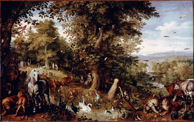 Det evige paradis Alle skapelsens dyr representert i par. Maleri av Jan Bruegel (eller Breugel eller Brueghel eller Breughel) den tidligere kjent som Bruegel de Velours (1568-1625) Roma Galleria Doria Pamphilj av Jan the Elder Brueghel