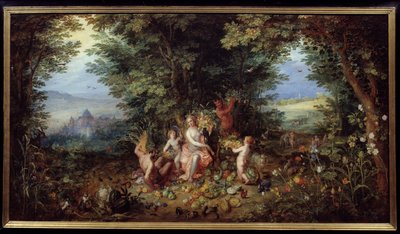 De fire elementene: "Jorden"" Allegori. Utsikt over Jordens paradis. Maleri av Jan Brueghel Le Vieux kaller Brueghel de Velours (Brueghel eller Brueghel av Jan the Elder Brueghel