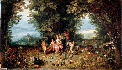 De fire elementene: "Jorden"" Allegori. Utsikt over det jordiske paradis med frukt, grønnsaker, blomster og dyr (inkludert marsvin (hamster) Maleri av Jan Breugel Le Vieux kaller Bruegel de Velvet (Brueghel eller Breughel) av Jan the Elder Brueghel