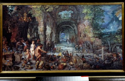 De fire elementene: «The Fire»» Allegori. Kom og Vulcan i smeden, og lager våpen til sønnen deres Enee. Rundt dem arbeider smeder og gullsmeder med rustninger, våpen, vaser, smykker, drikkebeger, fat og gryter. Maleri av Jan Breugel Le V av Jan the Elder Brueghel