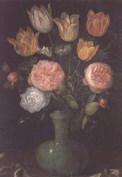 Vase med blomster med diamanter på bordet av Jan the Elder Brueghel