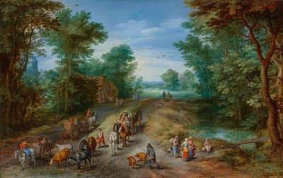 Skogkledd landskap med reisende av Jan the Elder Brueghel