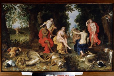 Dianas hvile på jakten Dyrene (ulv, hjort, rev) drept av jaktgudinnen ligger på bakken, mens hun hviler omgitt av nymfer. Maleri av Jan Breugel den eldre kalt Bruegel de Velours (Br av Jan the Elder Brueghel
