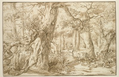 Skoginteriør med tegner, ca. 1664 (brunt blekk på antikk lagt papir) av Jan the Elder Lievens