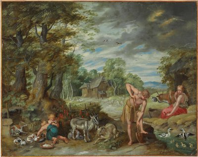 Adam på jobb i et felt, fra historien om Adam og Eva av Jan Brueghel the Younger