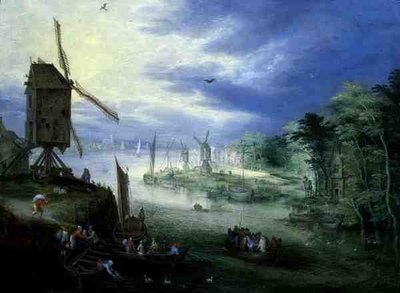 Elvelandskap med vindmøller (olje på panel) av Jan the Younger Brueghel