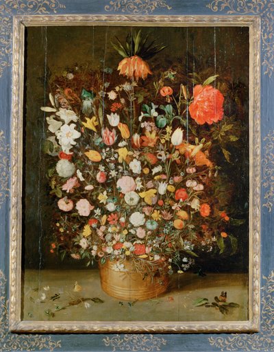 Stilleben: En bukett blomster i en trevase (maleri på lerret) av Jan the Younger Brueghel