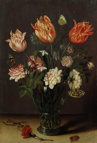 Tulipaner med andre blomster i et glass på et bord av Jan Brueghel the Younger