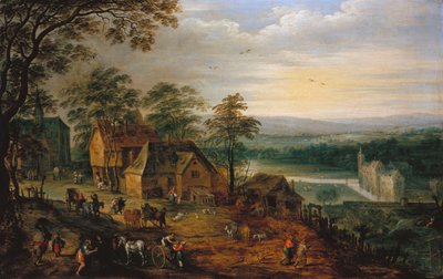 Landsbygate med figurer og vogner, et moated slott i bakgrunnen av Jan Brueghel the Younger