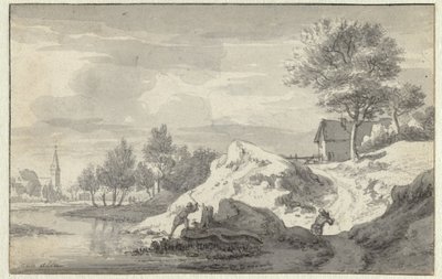 Landskap med figurer som hogger ved på bredden av en elv av Jan van Aken