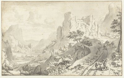 Fjelllandskap med reisende på en vei av Jan van Aken