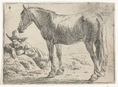Stående hest med hvilende rytter Landskap med hester (serietittel) av Jan van Aken
