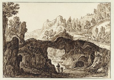 Steinete fjellandskap med to reisende i forgrunnen av Jan van Almeloveen