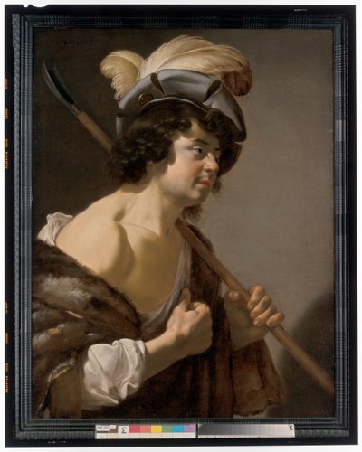 En hyrde, halvlengde i profil, iført en elegant fjærhette av Jan van Bijlert or Bylert