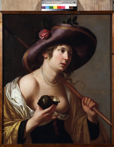 ""Portrett av Granida"" Karakteren til Granida som holder et skall som hun bruker til å drikke vannet som gjeteren Daifilo gir henne. Basert på stykket ""Granida"" av Pieter Corneliszoon Hooft. Maleri av Jan van Bylert (1598-1671) Samlingsmuseet av Jan van Bijlert or Bylert